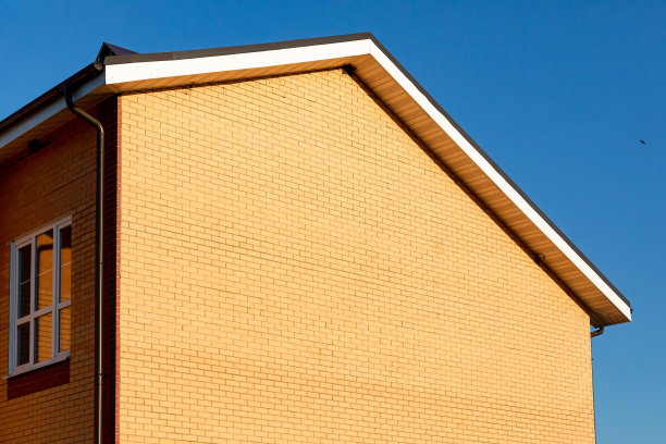 有屋顶、排水沟、屋顶衬里和斜坡的联排别墅的空墙。黄色墙的设计就建筑的一个主题。图片下载