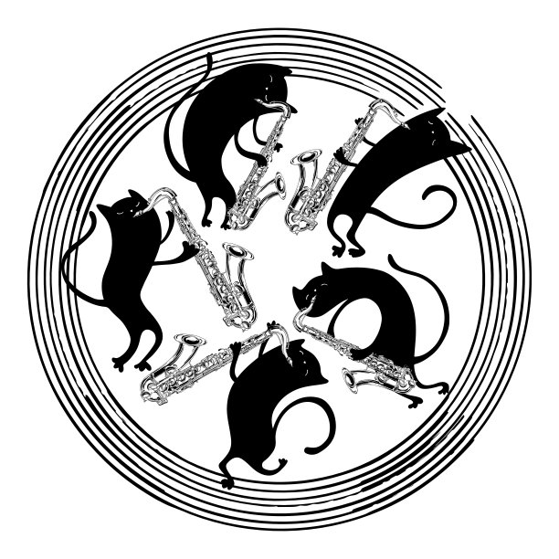 五只可爱的黑猫在吹萨克斯风。卡通作文在一个圆圈。完美的设计模板，墙纸，包装，织物和纺织品。图片下载