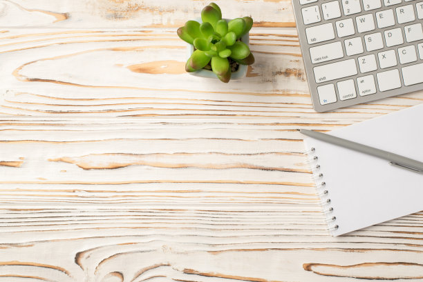 上面的照片是键盘、植物、记事本、笔放在木桌上图片下载