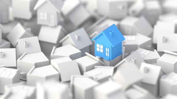 蓝房子在白房子中间。狩猎和搜索概念图片下载