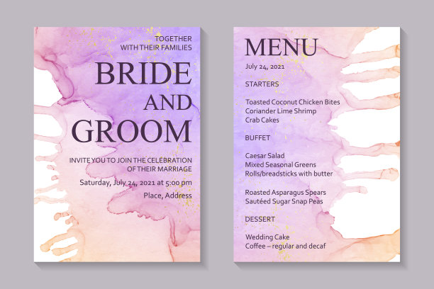 婚礼请柬用紫色水彩波浪或酒精墨水风格的流体艺术与金色的白色。图片下载