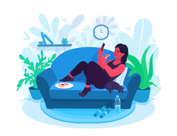 一个女孩正在休息，吃着快餐，浏览她的智能手机。比起健身，女人更喜欢吃披萨。拖延,松弛,自我放纵。图片下载