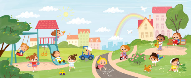 孩子们在公园里玩耍。操场上有孩子的。夏天的背景。图片下载