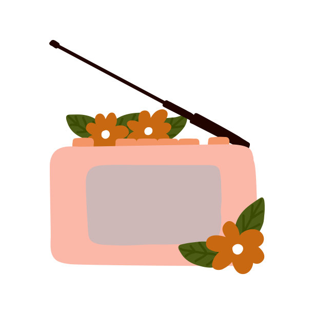 手绘可爱的复古无线电接收机和盛开的野生花园春天的鲜花和树叶周围的平面矢量元素插图图片下载