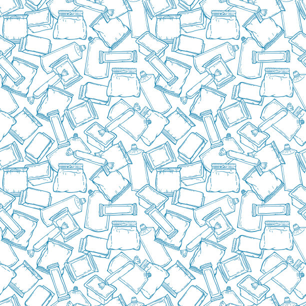 食品包装。塑料包装矢量无缝模式。重复背景与手工素描塑料包装的货物图片下载