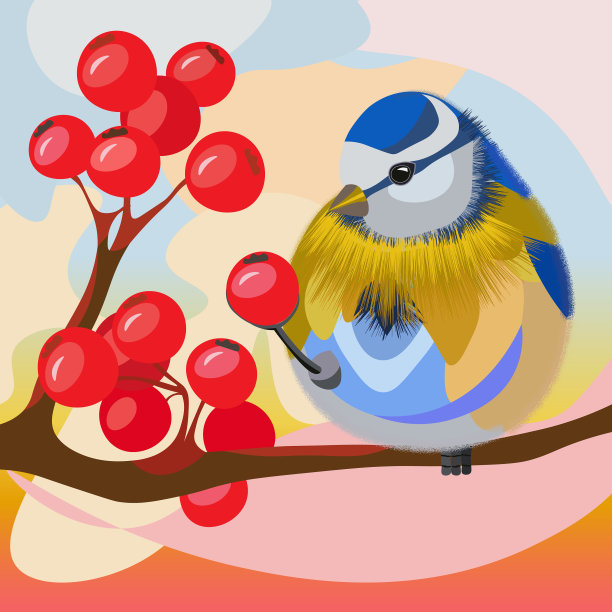 鸟山雀坐在树枝上，抱着山灰的红浆果的脚，矢量插图图片下载