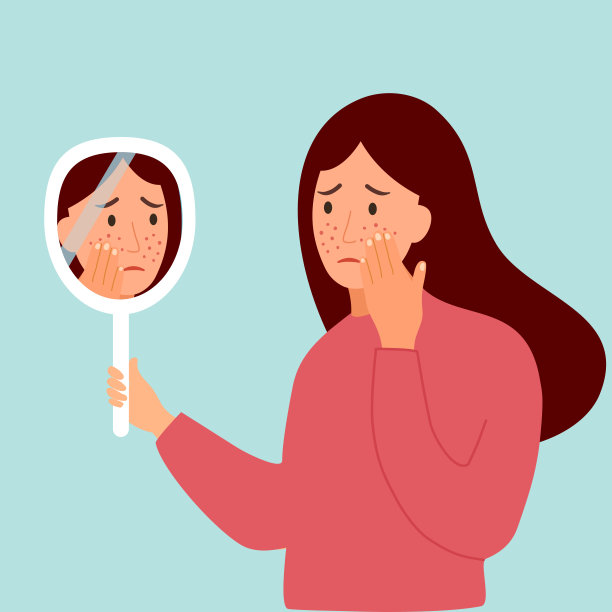 平面设计的年轻女子手拿镜子，担心自己脸上的粉刺。女性皮肤粉刺问题。图片下载