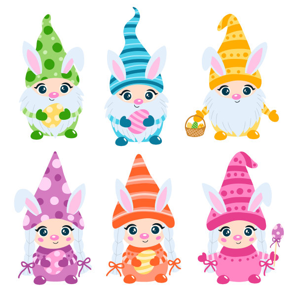 涂鸦风格平向量斯堪的纳维亚复活节侏儒兔耳朵设置图片下载