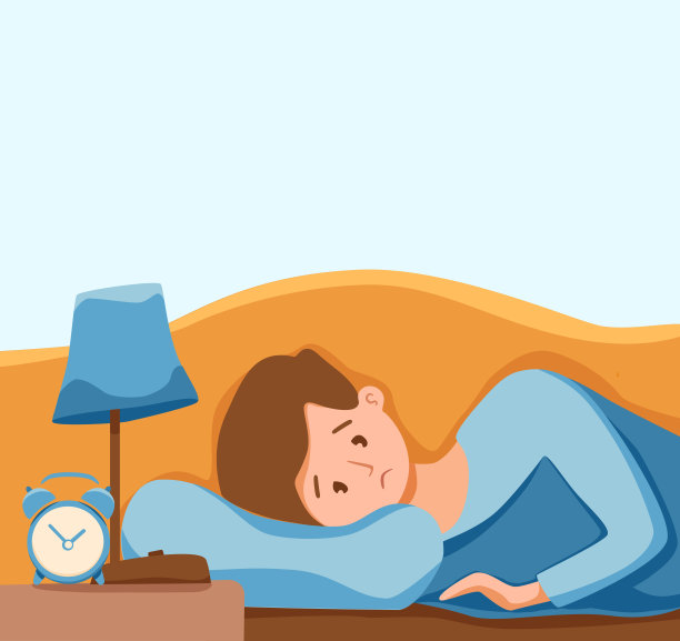 躺在床上困倦醒着的人遭受了失眠。疲惫疲惫悲伤的家伙失眠试图在晚上卧室睁开眼睛睡着的矢量插图卡通风格。褪黑激素和噩梦，抑郁，压力背景。图片下载