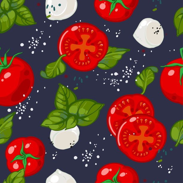 无接缝的卡布里沙拉手绘图案。矢量图成熟的红番茄，罗勒，马苏里拉奶酪，盐和黑胡椒。意大利菜菜单的背景。卡普里沙拉的配料图片下载