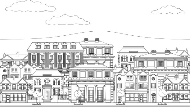 房屋商店街景着色轮廓艺术图片下载