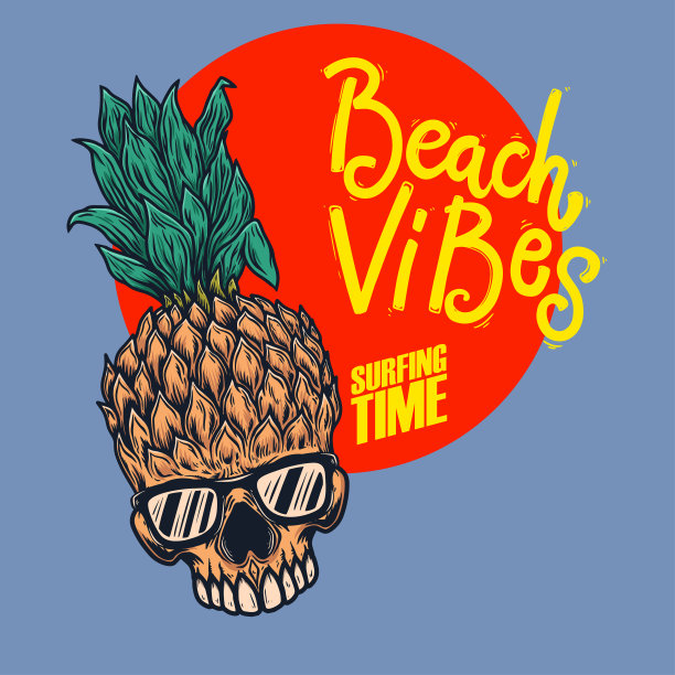 沙滩氛围。菠萝骷髅头和太阳镜。海报、卡片、横幅、标志、会徽的设计元素。矢量图图片下载