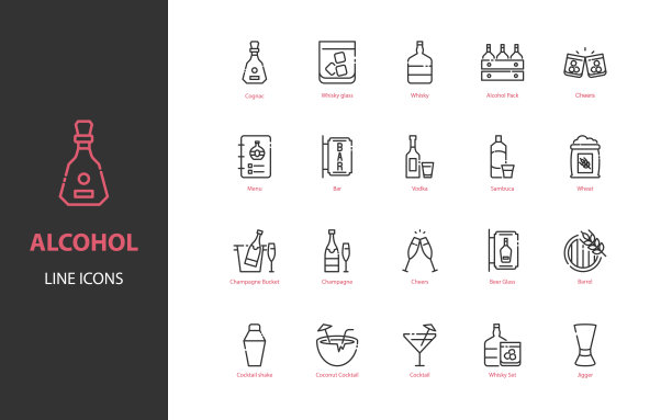 设置酒精细线图标，饮料，酒吧图片下载