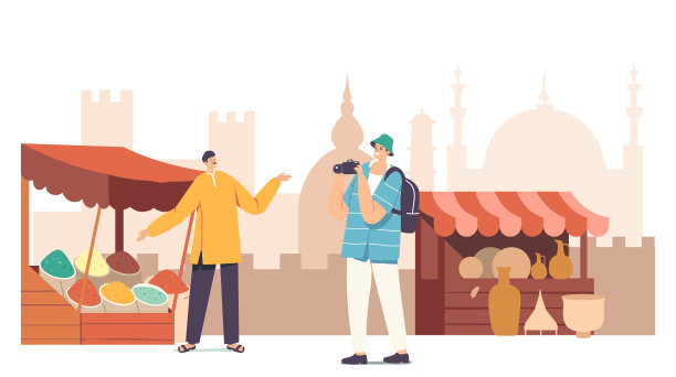 游客男性角色与相机拍摄，而参观穆斯林阿拉伯市场。路过小贩摊位的旅客图片下载