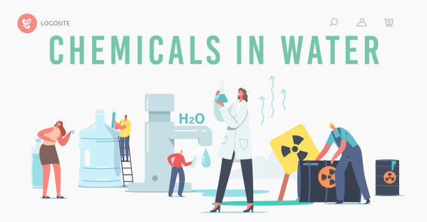 化学品在水着陆页模板。微小的科学家女性角色i拿着烧杯在实验室研究水样本图片下载