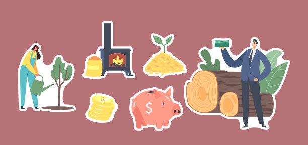 生物炭主题贴纸套装。浇树的女人，有钱的商人，燃烧的火炉，大银行和球团图片下载