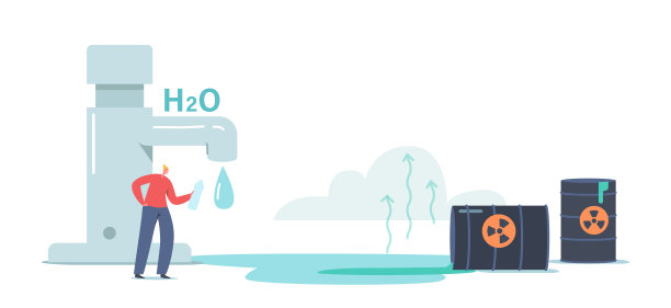 水中的化学物质，污染概念。小女性角色在巨大的水龙头里从瓶子里喝水图片下载