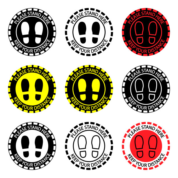 社会距离图标。站在这里的迹象。保持2米或6英尺的距离。避免去人多的地方安全距离除了黄色胶带警告。地板贴纸，站在这里。轮廓矢量图片下载
