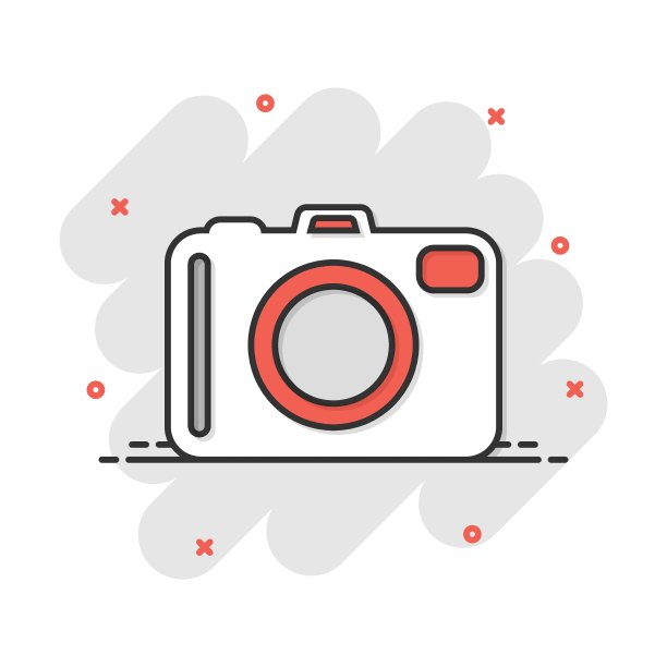 矢量卡通照片相机图标在漫画风格。摄影师摄像机标志插图象形图。相机业务的飞溅效果概念。图片下载