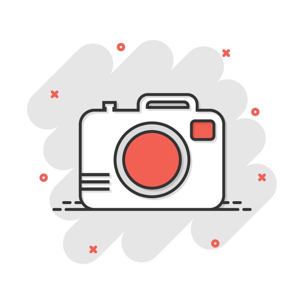 矢量卡通照片相机图标在漫画风格。摄影师摄像机标志插图象形图。相机业务的飞溅效果概念。图片下载
