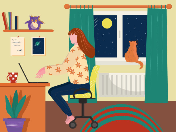 在家远程工作的女性。自由职业者和笔记本电脑。图片下载