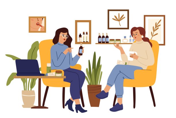 美容。在美容中心做咨询的女孩。有机化妆品店，健康皮肤护理或治疗。女性咨询年轻女性性格矢量概念图片下载