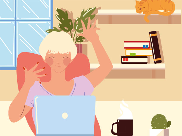 在家工作，女人用笔记本电脑盆栽仙人掌和咖啡杯的工作空间图片下载