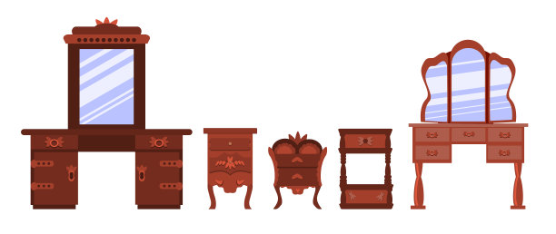 一套可爱的古董床头柜，抽屉和衣柜，梳妆台孤立在一个白色的背景。收藏用于卧室的古董家具。矢量插图在一个平坦的风格。图片下载