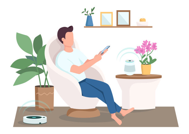 现代客厅里的家伙平淡的色彩矢量没有个性。人类使用智能音箱和吸尘器。物联网孤立卡通插图为网页平面设计和动画图片下载