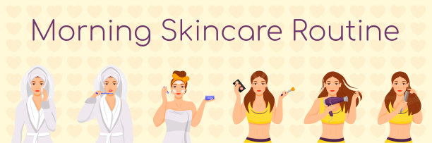 女性早晨护肤例行平色向量字符集。脸和头发的日常程序孤立卡通插图上的白色背景。女孩洗脸，化妆，做发型图片下载