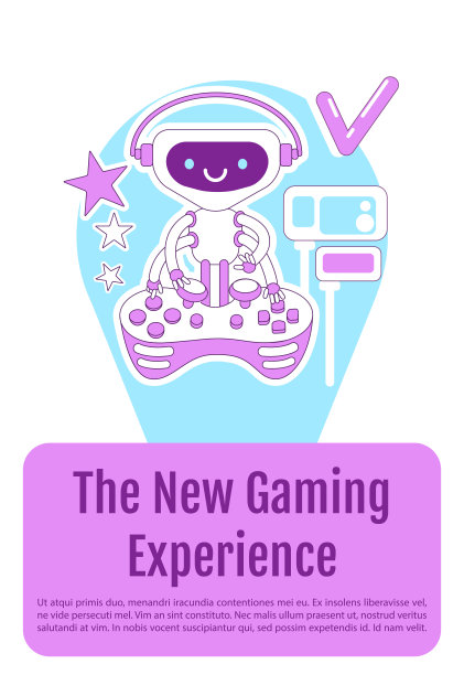 玩家机器人海报平面轮廓矢量模板。非玩家角色机器人小册子，小册子一页的概念设计与卡通人物。新的游戏体验传单，传单与文本空间图片下载