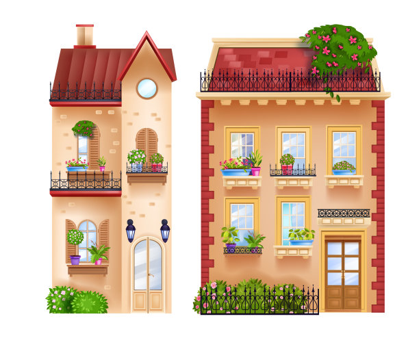 矢量建筑的立面，复古的村舍，孤立的白色老城屋，屋顶，窗户。图片下载