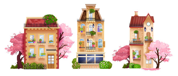 向量老城宅外立面孤立收集，复古建筑，复古别墅，春天的树木。图片下载