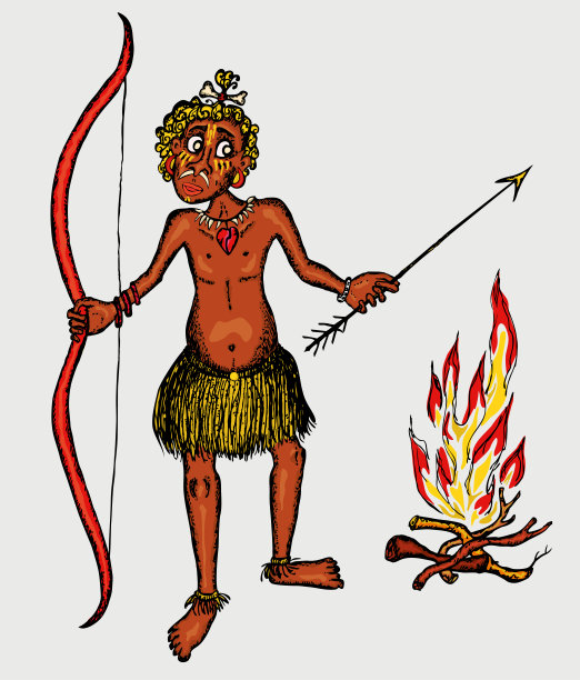 矢量画的卡通滑稽巴布亚与弓和箭站在篝火图片下载