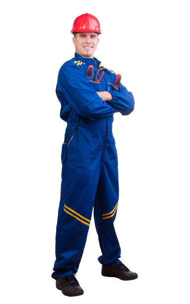 穿着工装裤和安全帽的年轻工人图片下载