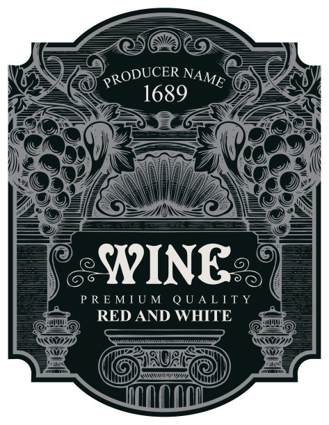 手画葡萄酒标签与葡萄串图片下载