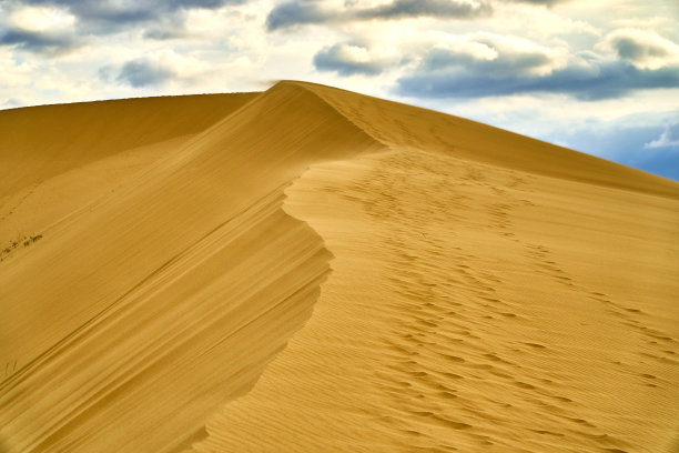 沙漠。沙丘。蓝天白云。鸟在日落时分。山脉。天空。图片下载