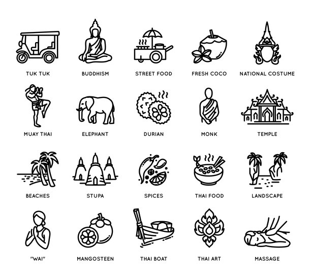 泰国图标集-集矢量细线风格图标，泰国民族符号图片下载