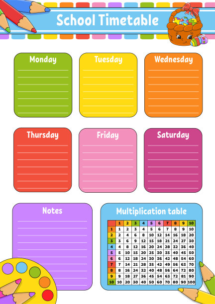 课程表上有乘法表。为了孩子的教育。孤立在白色背景上。一个可爱的卡通人物。图片下载