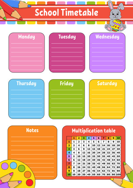 课程表上有乘法表。为了孩子的教育。孤立在白色背景上。一个可爱的卡通人物。图片下载