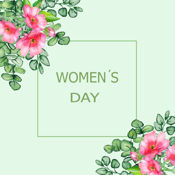 水彩自然花卉节日框架与粉红色的花在绿色树枝桉树花束与广场空间为文字妇女节3月8日图片下载