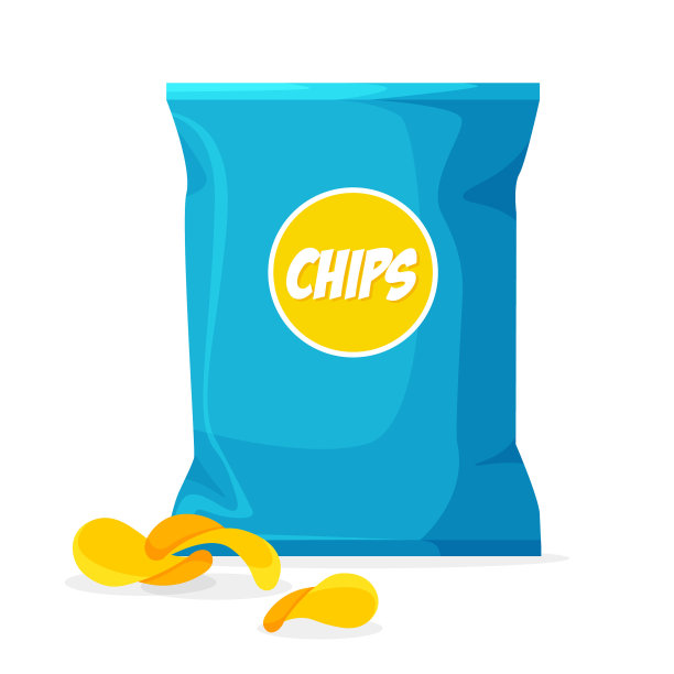 模型包装的芯片在时尚的卡通风格与标签。图片下载