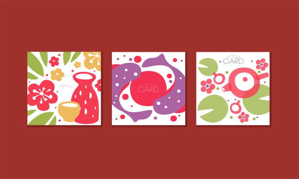 日本贺卡收集，旗帜与东方国家传统符号抽象设计矢量插图图片下载