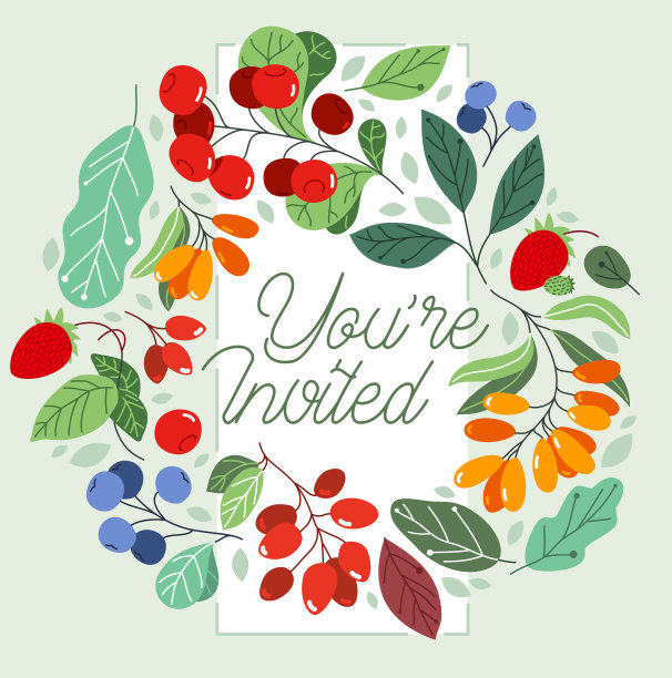 贺卡用成熟的野果和新鲜的绿叶花环矢量平面绘制，植物设计组成饮食天然食品模型，邀请或周年主题，祝贺。图片下载