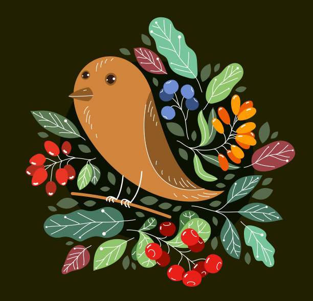 小可爱的鸟在树枝周围的野生浆果和树叶矢量平面风格插图在黑暗的背景，美丽的自然概念，天然的食物植被。图片下载