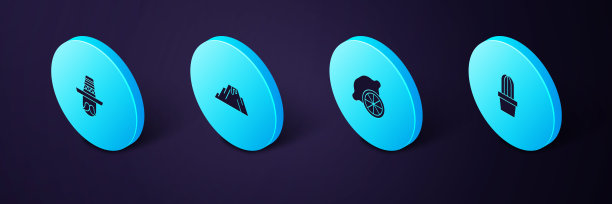 设置等距仙人掌或多汁的锅，柠檬，火山喷发熔岩和墨西哥男子宽边帽图标。向量图片下载