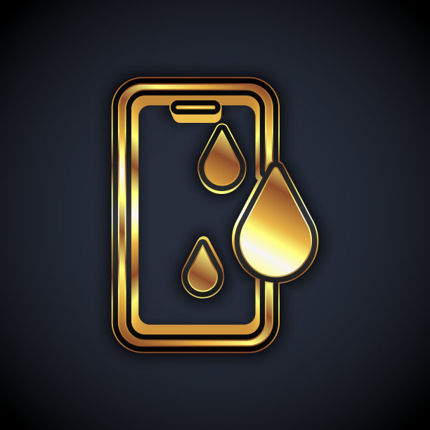 金色防水手机图标孤立在黑色背景。一滴水的智能手机。向量图片下载