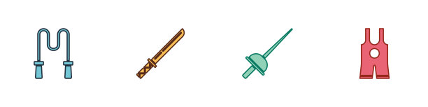 设置跳绳，日本武士刀，击剑和摔跤单件图标。向量图片下载