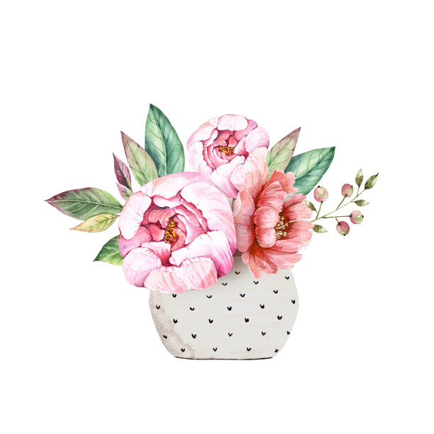精致的花束在花瓶与粉红色的花牡丹，水彩插图手绘图片下载