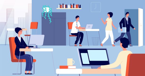 人们离开办公室。员工打开门，男女下班回家。离开工作的经理，去出口矢量概念图片下载